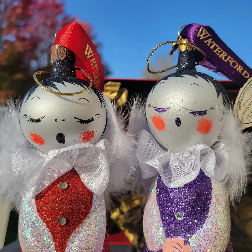 Waterford Sugar Plum Angel Duo Red & Purple Ornaments ~ Czech ~ Retired